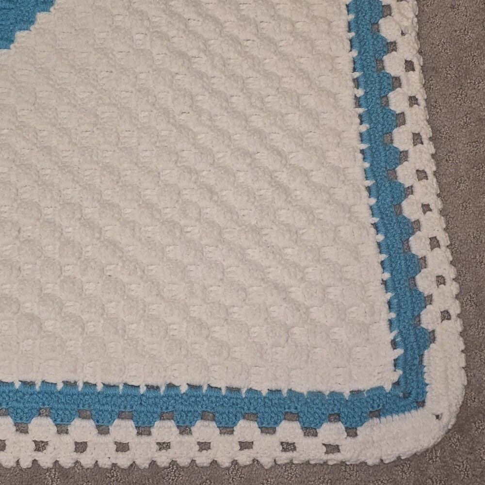 Vintage Handmade Crochet Afghan Lap Blanket Turquoise White 41x32 Retro - Picture 2 of 9